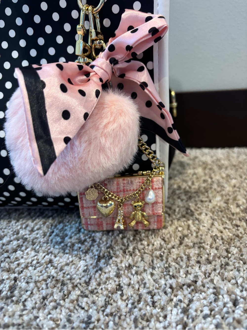Betsey Johnson Black & White Polka Dot Tote with Pink Pom Charm - Picture 2 of 10